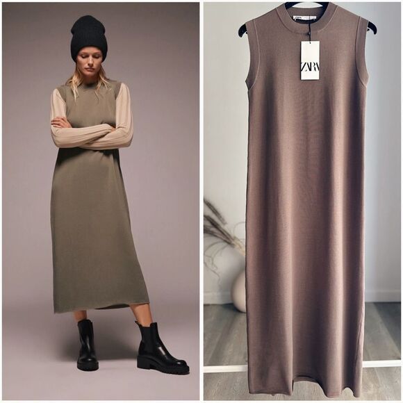 Zara Dresses & Skirts - ZARA Long Knit Taupe Dress Sleeveless heavy